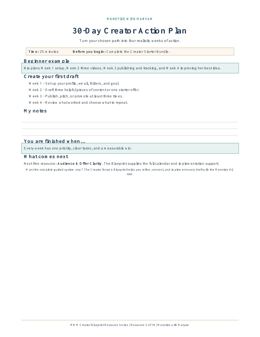 Preview of the 30-Day Creator Action Plan