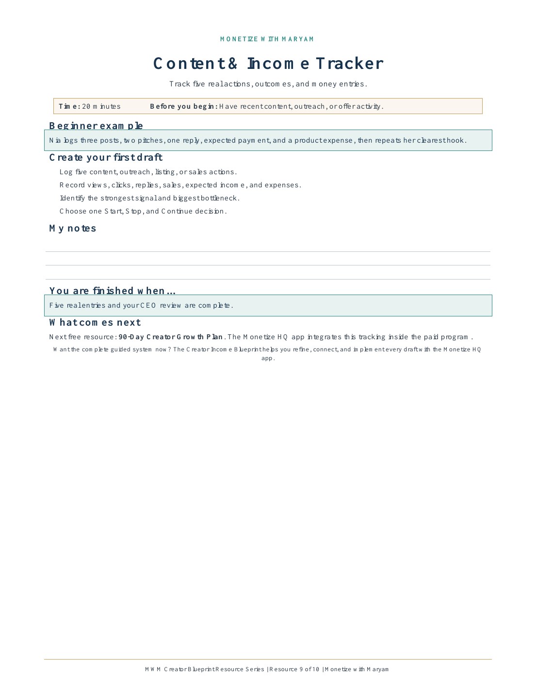 Preview of the Content & Income Tracker