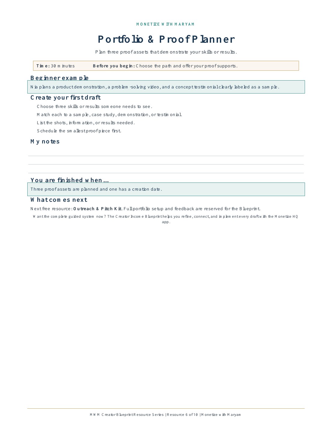 Preview of the Portfolio & Proof Planner